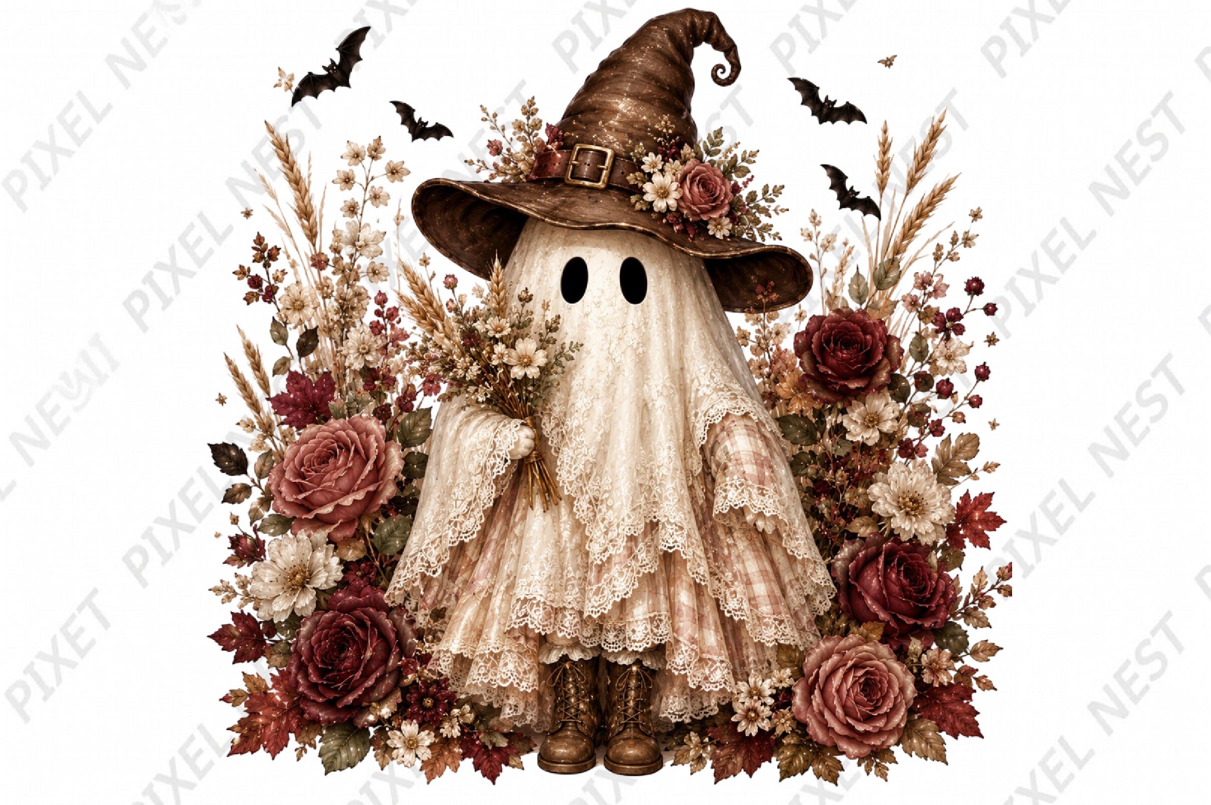 Cozy Witch Ghost Fall Clipart PNG