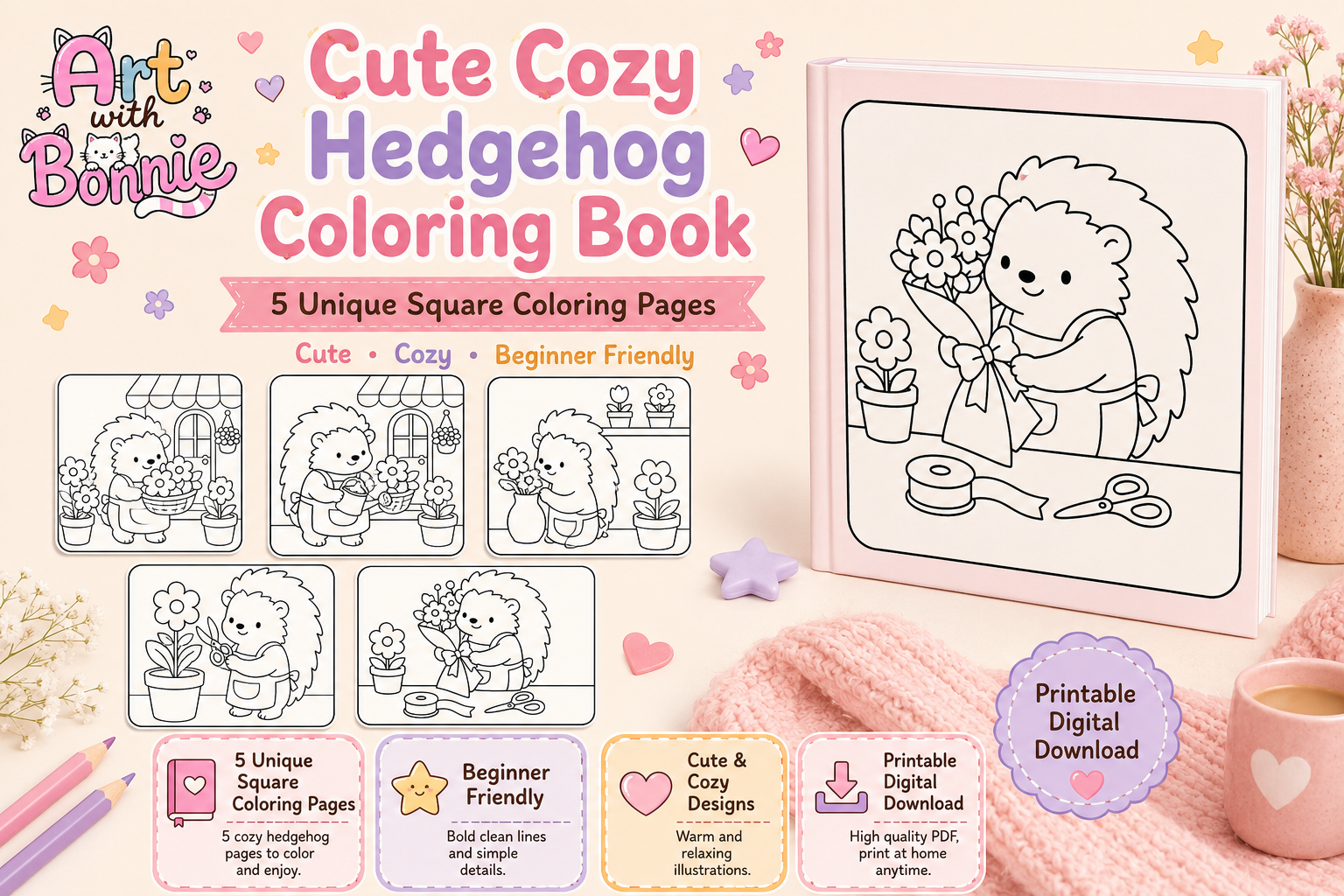 Cute Cozy Hedgehog Garden Coloring Pages