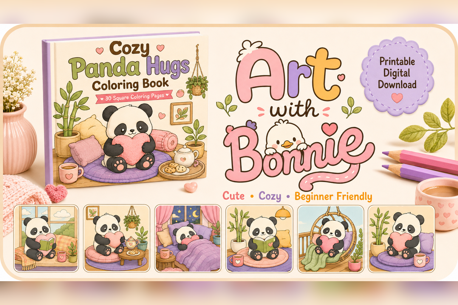 Cute Cozy Panda Hugs Coloring Pages PDF