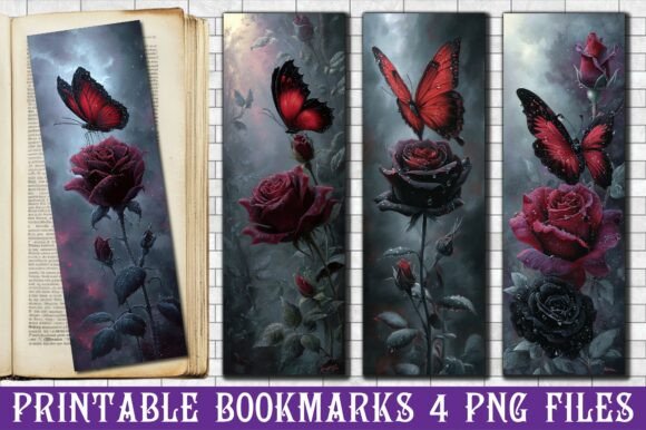 Gothic Red Rose Butterfly Bookmark PNG
