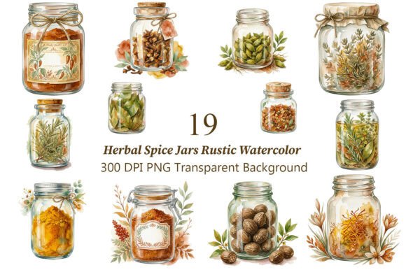 Herbal Spice Jars Rustic Watercolor PNG