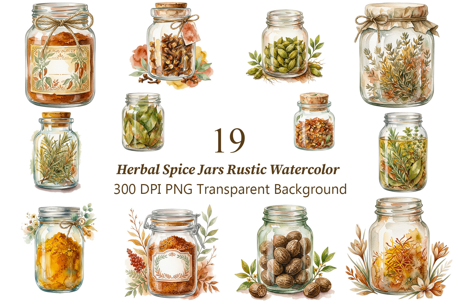 Herbal Spice Jars Rustic Watercolor PNG