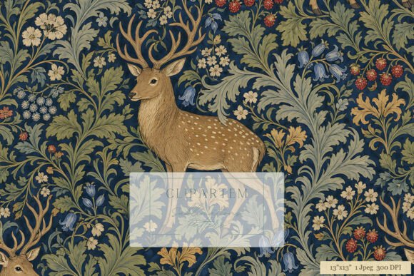 Morris Stag Floral Navy Seamless Pattern