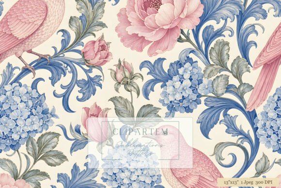 Pink Bird Blue Floral Baroque Pattern