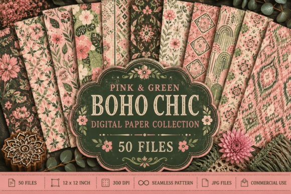 Pink & Green Boho Chic Digital Paper Collection