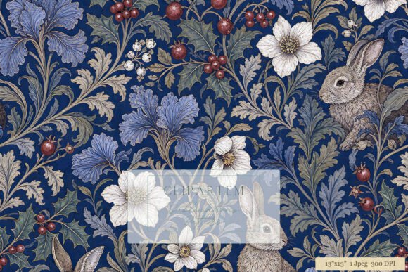 Vintage Navy Blue Bunny Floral Pattern