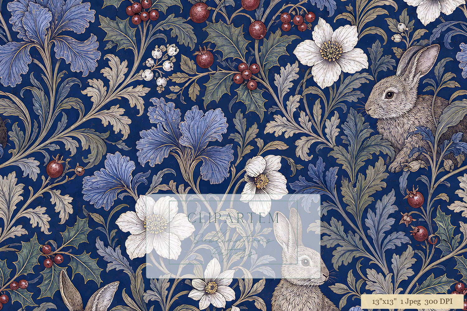 Vintage Navy Blue Bunny Floral Pattern