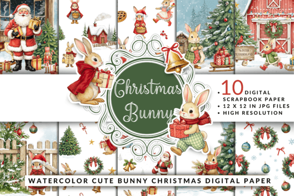 Watercolor Bunny Christmas Digital Paper