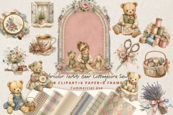 Watercolor Teddy Bear Cottagecore Sewing