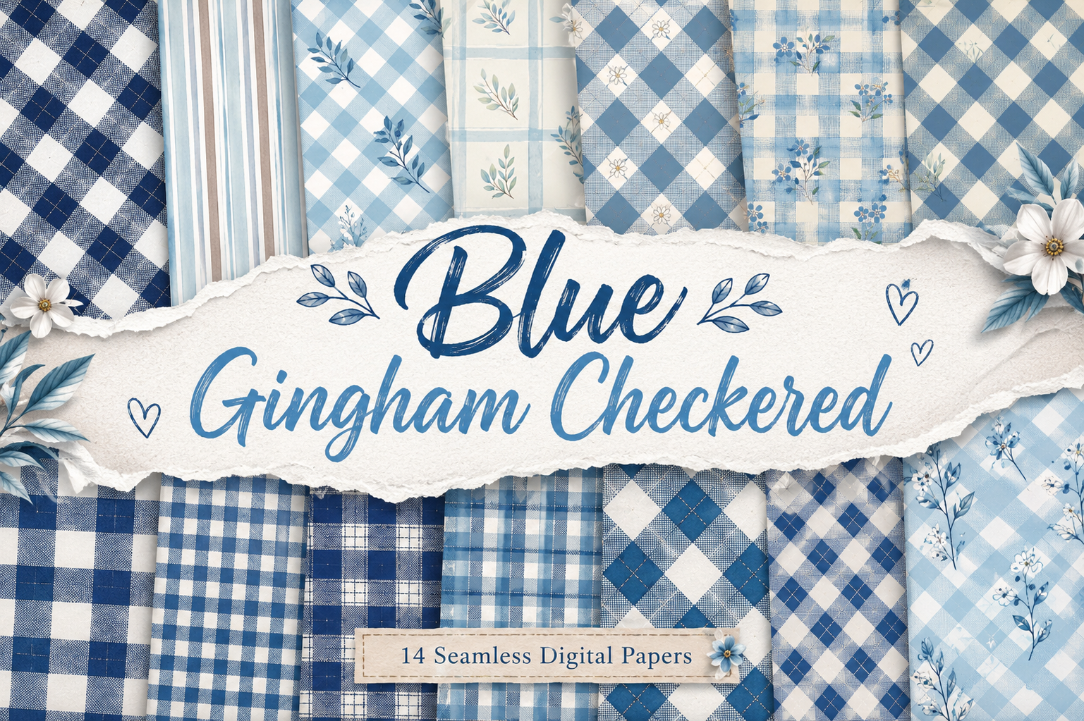 Blue Gingham Checkered Digital Papers
