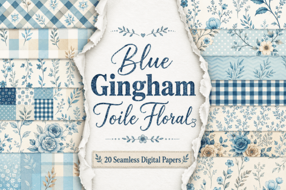 Blue Gingham Toile Floral Papers