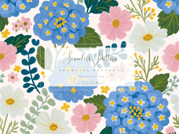 Blue Hydrangea and Cosmos Floral Seamless Pattern PNG