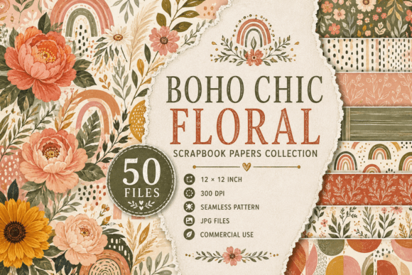 Boho Chic Floral Scrapbook Papers Collection