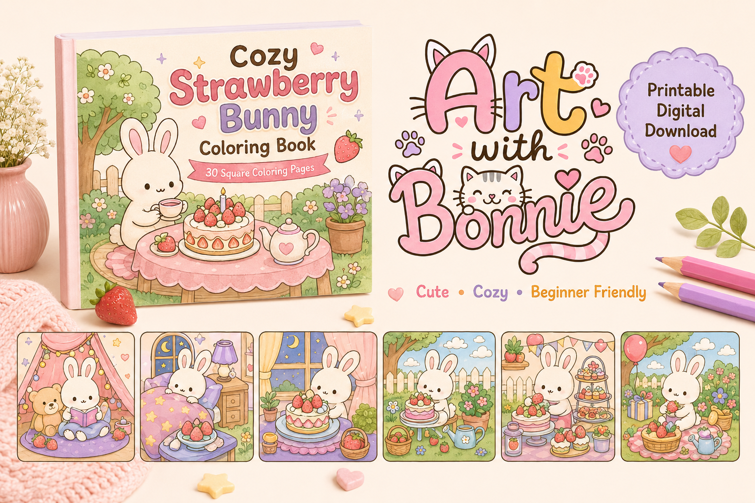 Cozy Strawberry Bunny Coloring Pages PDF