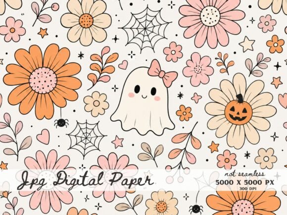 Floral Cute Ghost Halloween Background