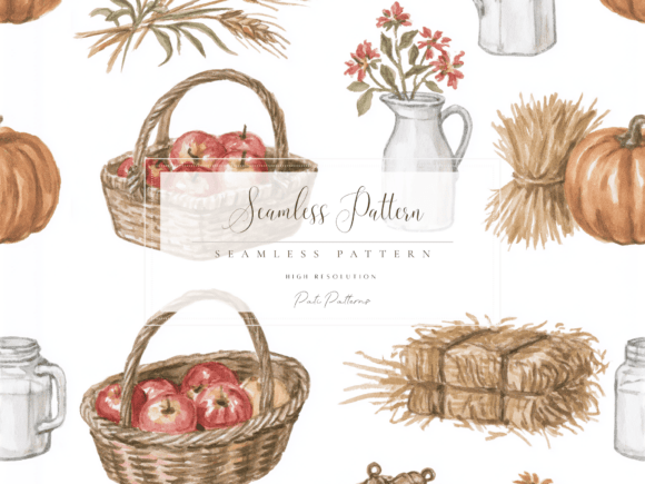 Rustic Farm Market Seamless Pattern Autumn Pumpkins Apples Wheat Fall Decor Fast Download Commercial Use PNG