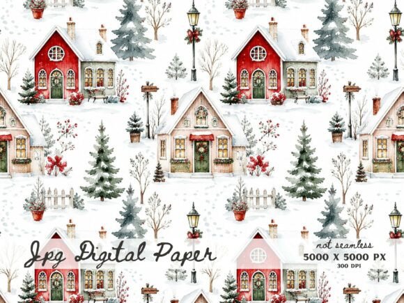 Snowy Red Cottage Christmas Digital Pape