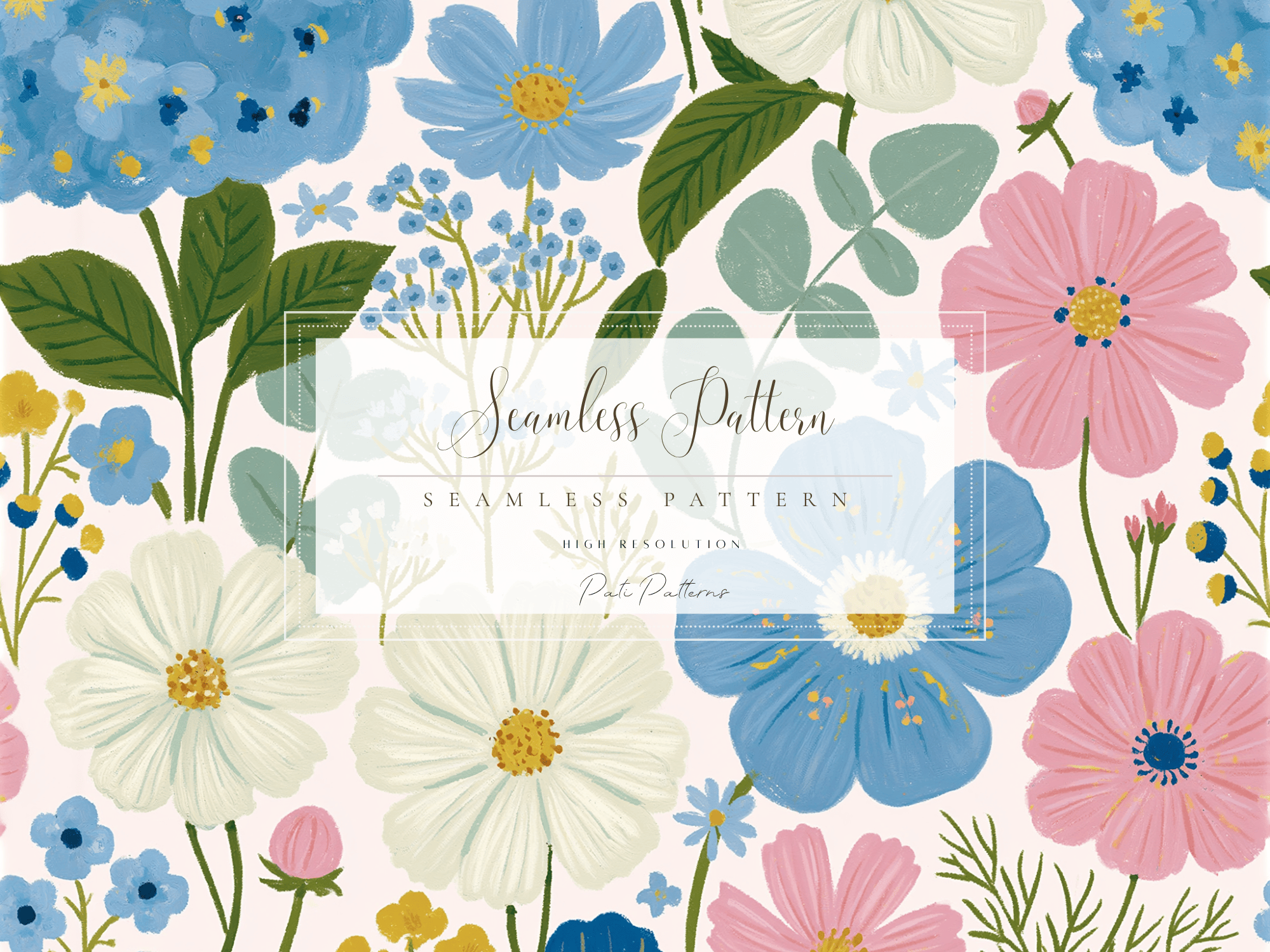 Soft Blue and Pink Floral Seamless Pattern PNG