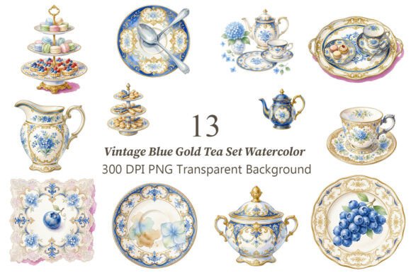 Vintage Blue Gold Tea Set Watercolor PNG