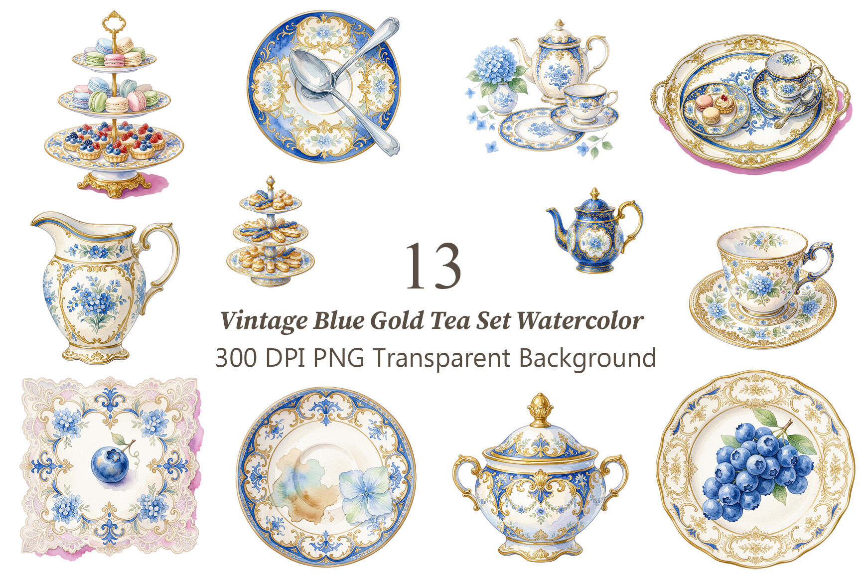 Vintage Blue Gold Tea Set Watercolor PNG