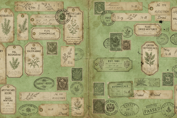 Vintage Green Herbal Ephemera Kit