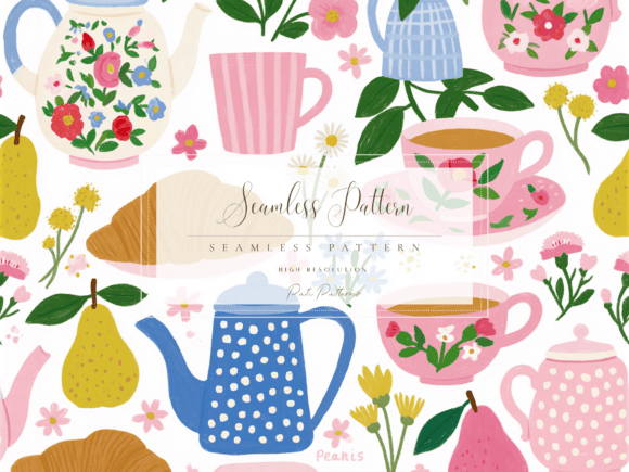Vintage Teacups and Croissants Seamless Pattern PNG