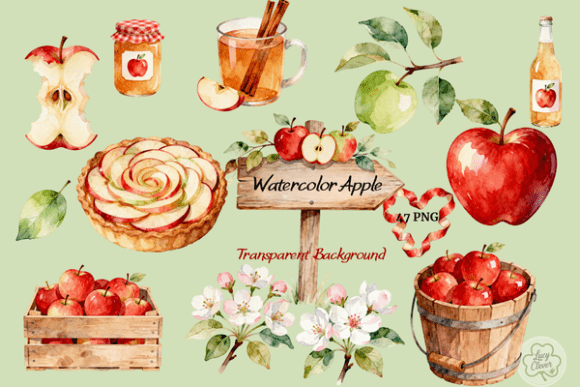 Watercolor Apple Clipart PNG Bundle