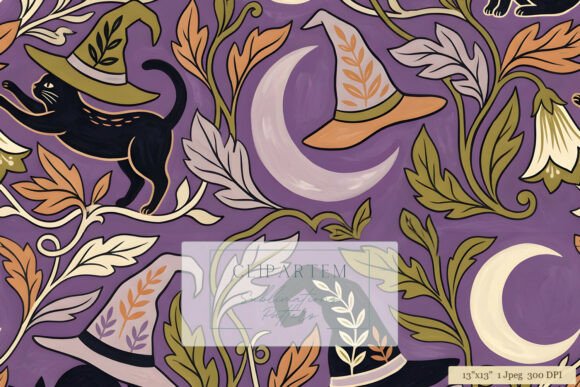 Witch Hat Cat Halloween Floral Pattern