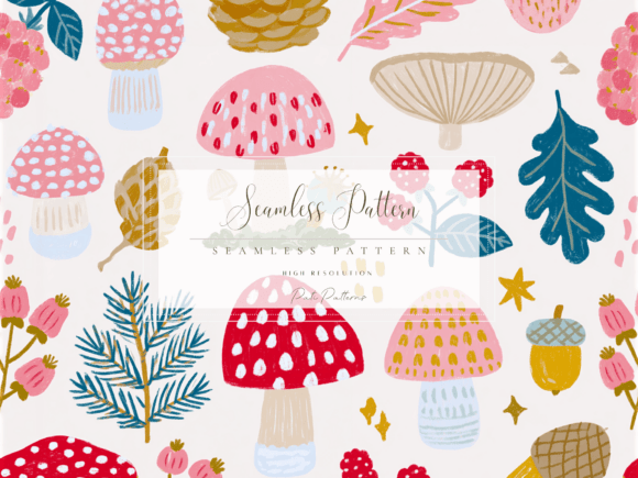 Woodland Mushrooms and Forest Berries Seamless Pattern PNG