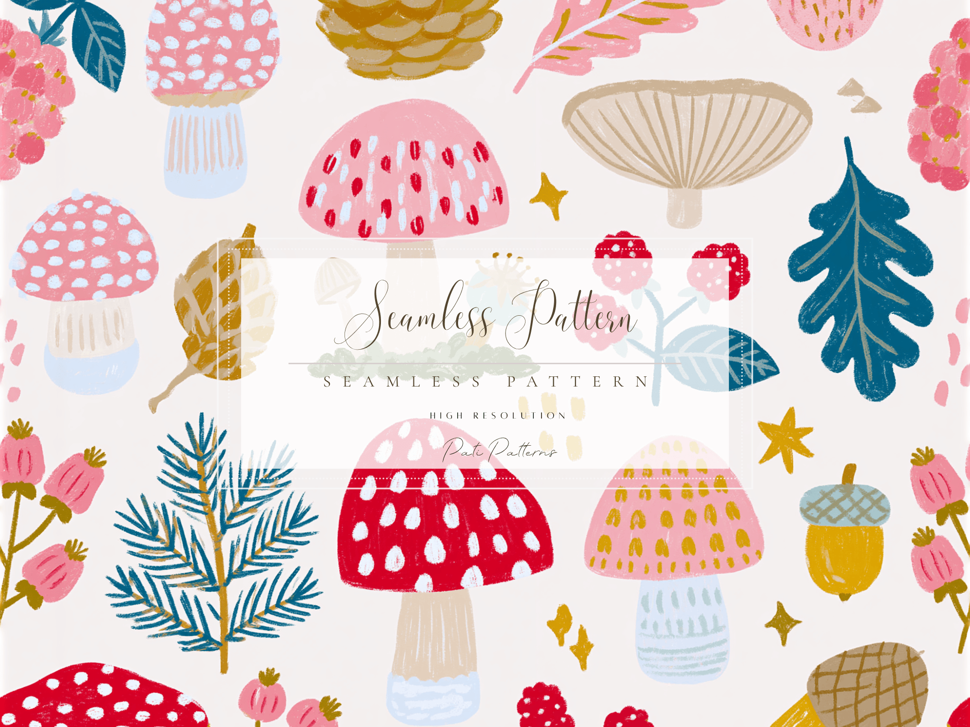 Woodland Mushrooms and Forest Berries Seamless Pattern PNG