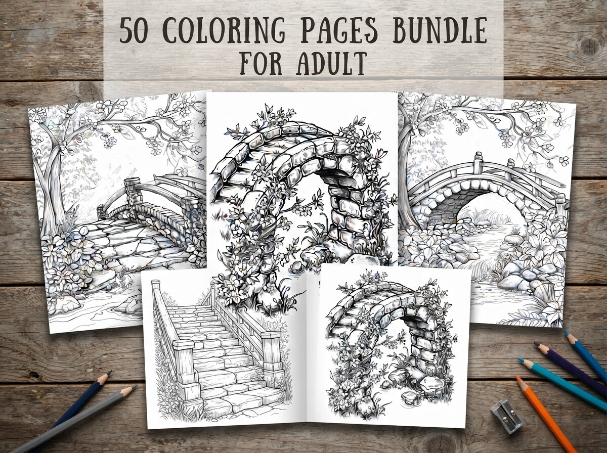 50 Enchanted Garden Bridge Coloring Page