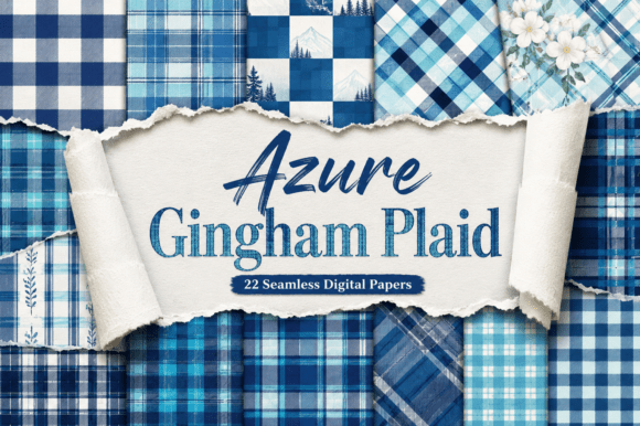 Azure Gingham Plaid Digital Papers
