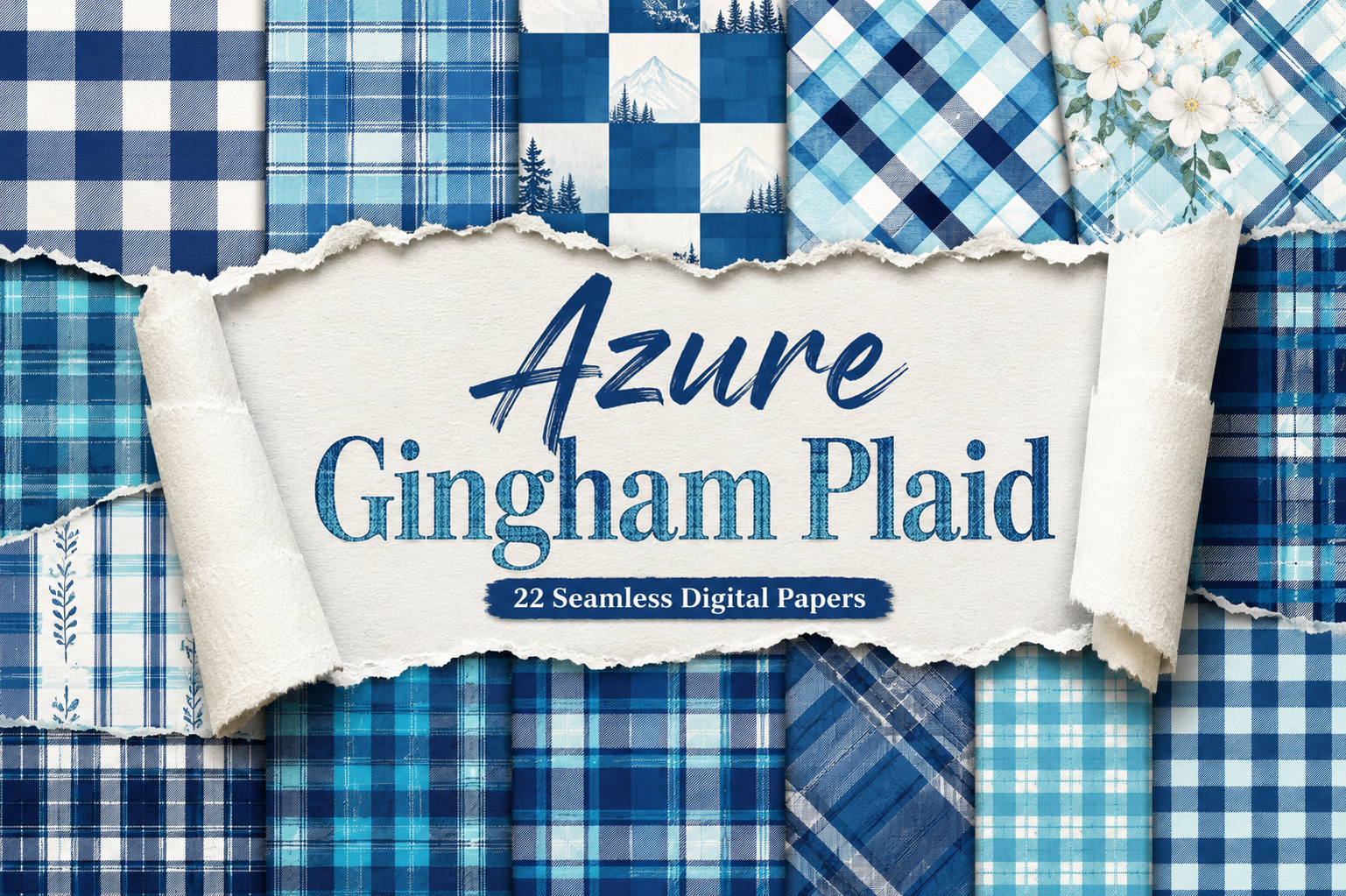 Azure Gingham Plaid Digital Papers