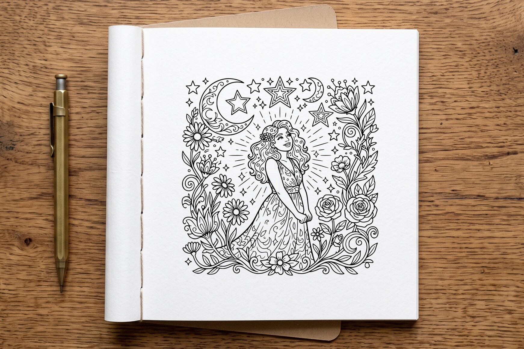 Celestial Woman Floral Coloring Page