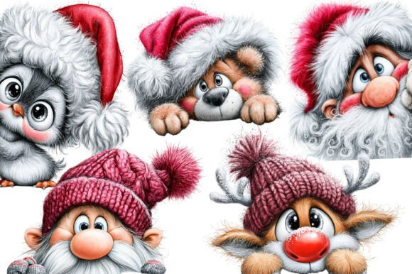 Christmas Peeking Characters Clipart PNG
