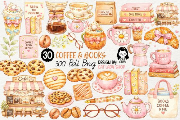 Cozy Coffee & Books Clipart PNG