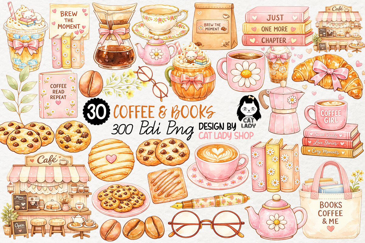 Cozy Coffee & Books Clipart PNG