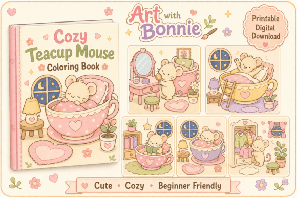 Cozy Teacup Mouse Coloring Pages Bundle