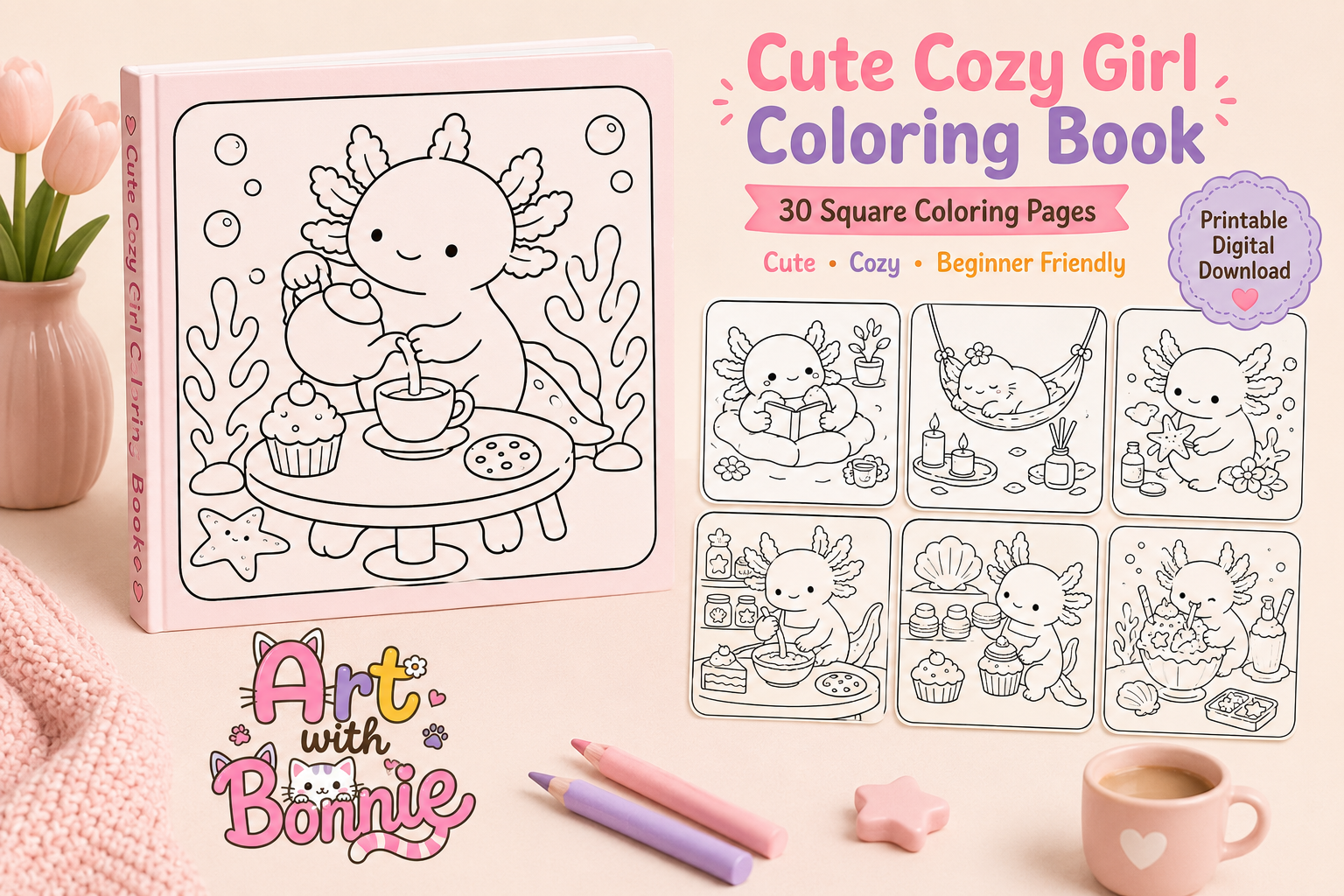 Cute Cozy Axolotl Coloring Pages Bundle
