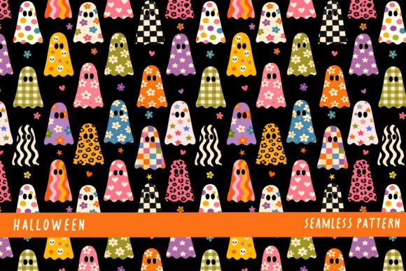 Cute Halloween Retro Ghost Pattern PNG