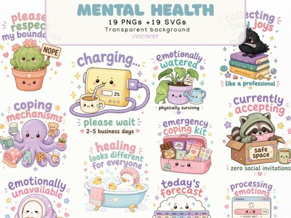 Cute Mental Health Kawaii Cliparts PNG