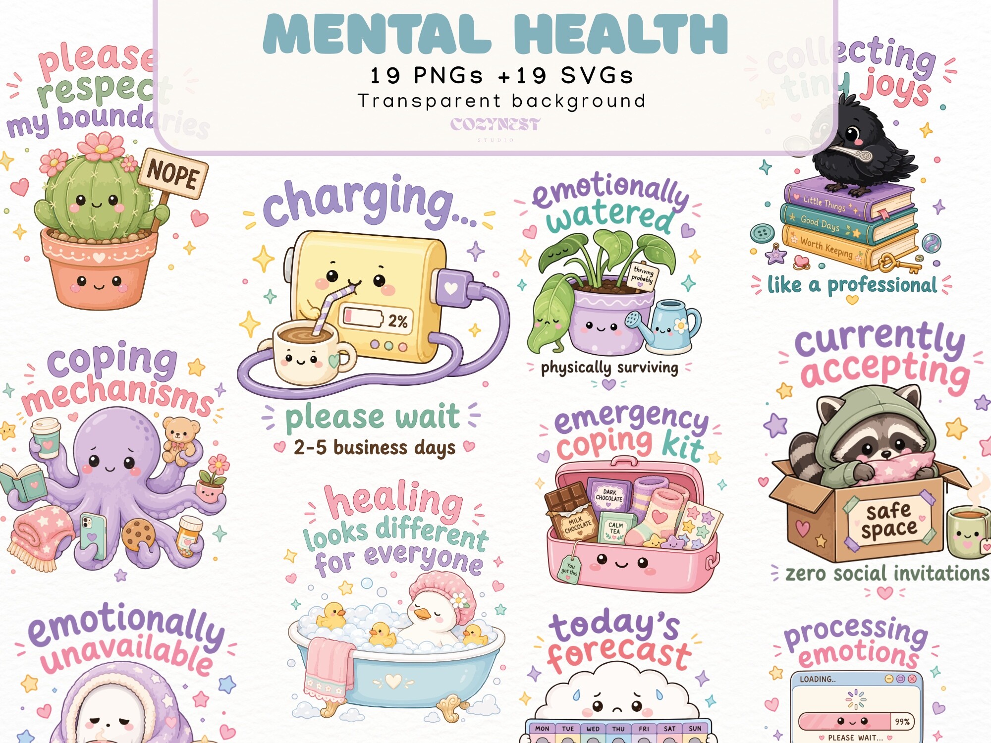 Cute Mental Health Kawaii Cliparts PNG