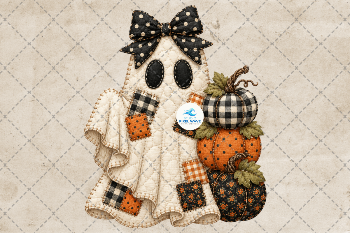 Patchwork Ghost Pumpkin Halloween Png