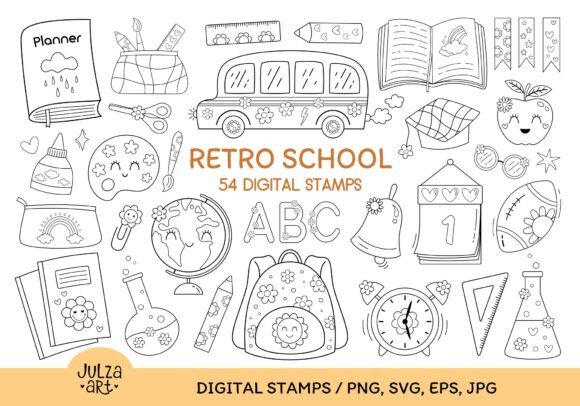 Retro School Coloring Pages PNG SVG
