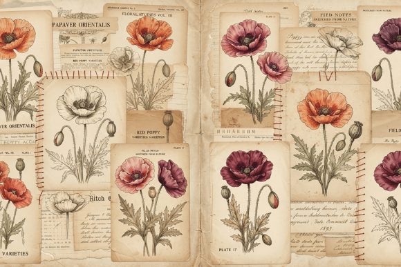 Title: Vintage Poppy Botanical Journal