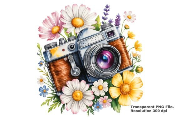 Vintage Camera Floral Clipart PNG