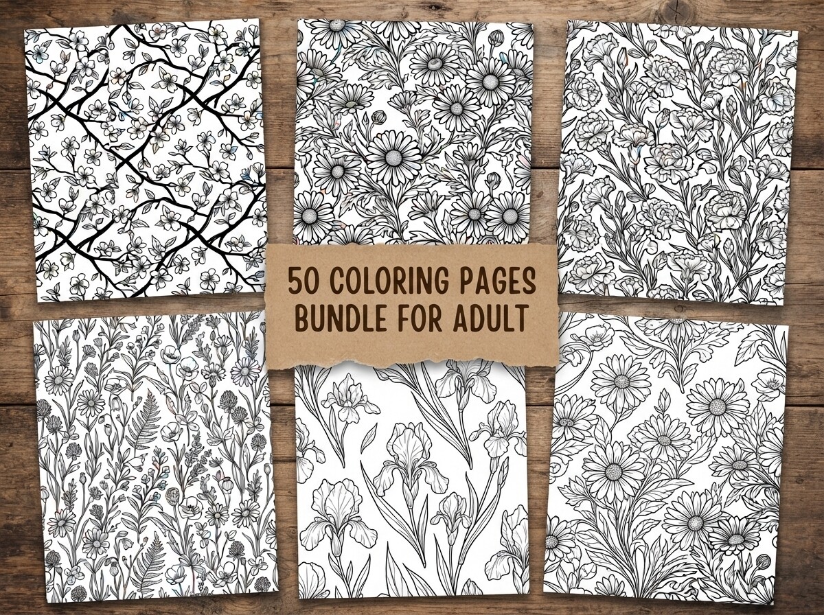50 Beautiful Seamless Floral Coloring
