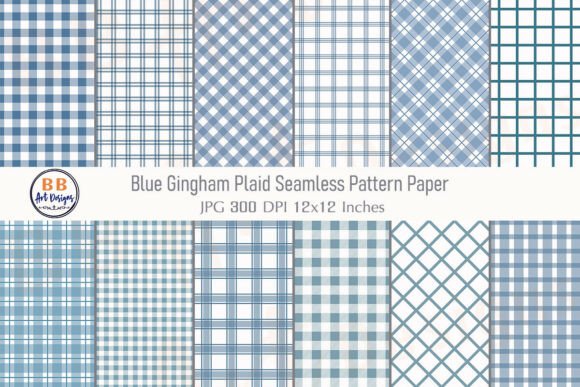 Blue Gingham Plaid Pattern Digital Paper