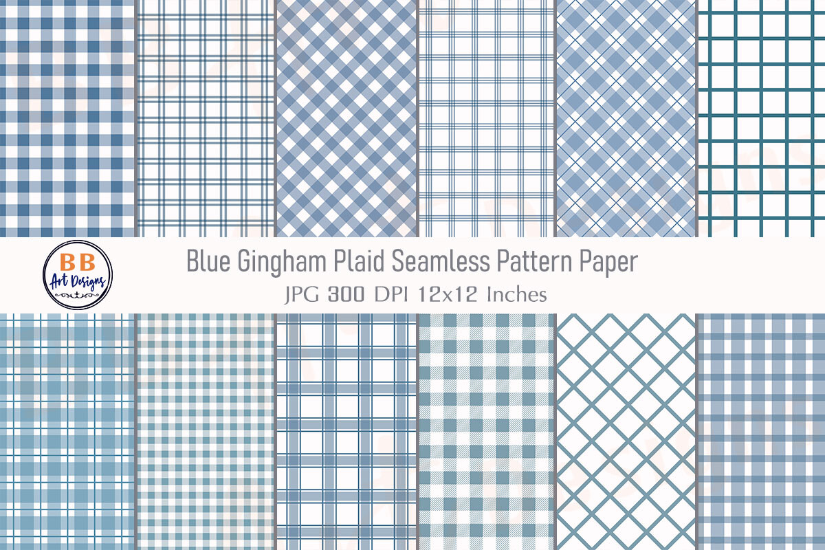 Blue Gingham Plaid Pattern Digital Paper