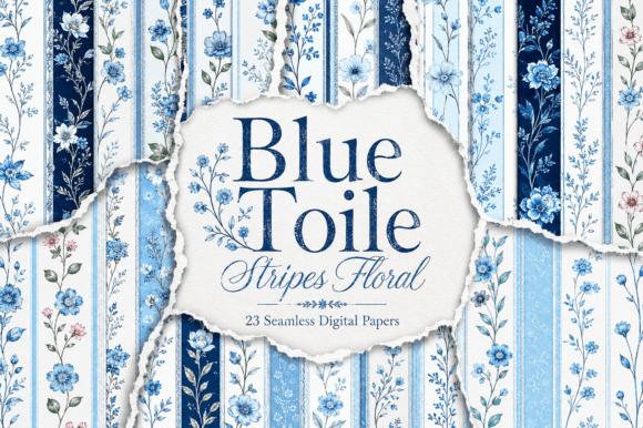 Blue Toile Stripes Floral Digital Papers